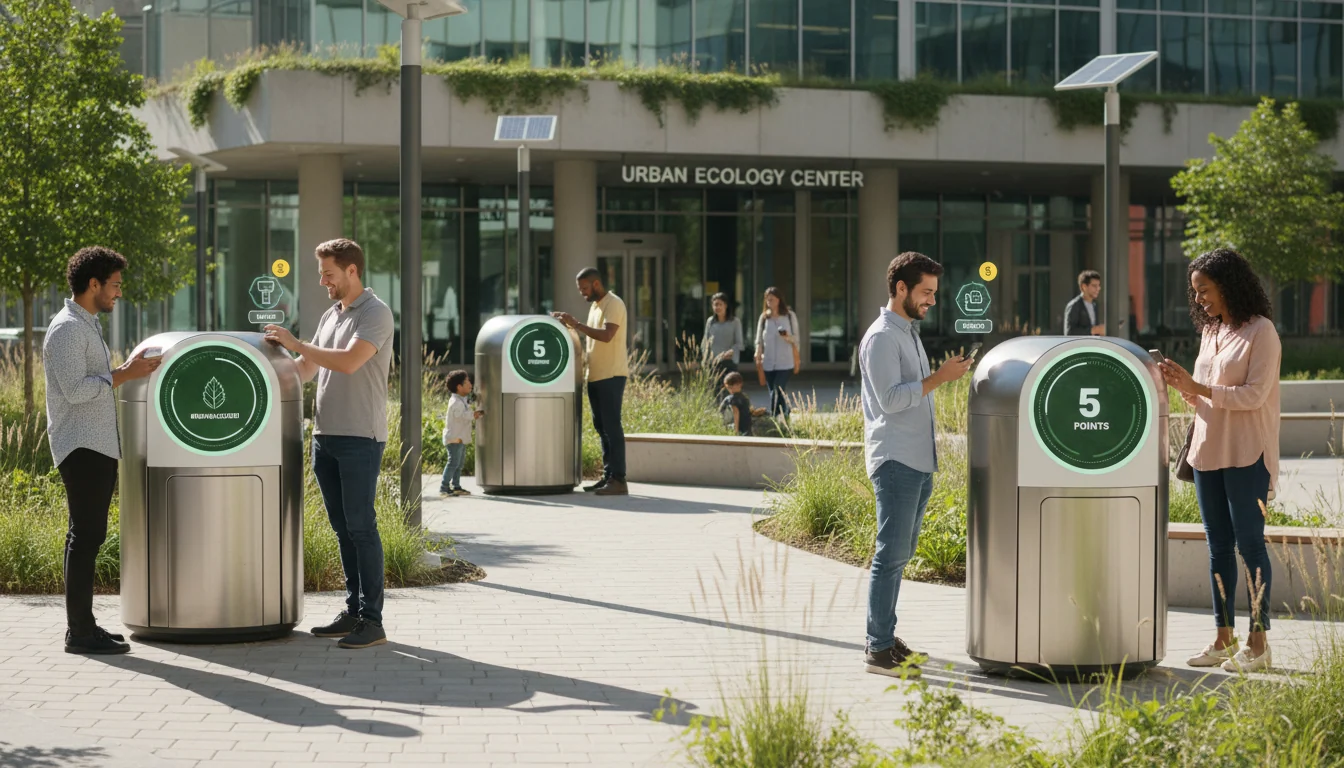 Modern public plaza with multiple interactive smart waste bins and diverse community members receiving digital rewards on phones