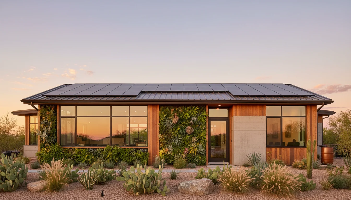 Contemporary residential home exterior with solar panels, large windows, and integrated green walls at golden hour