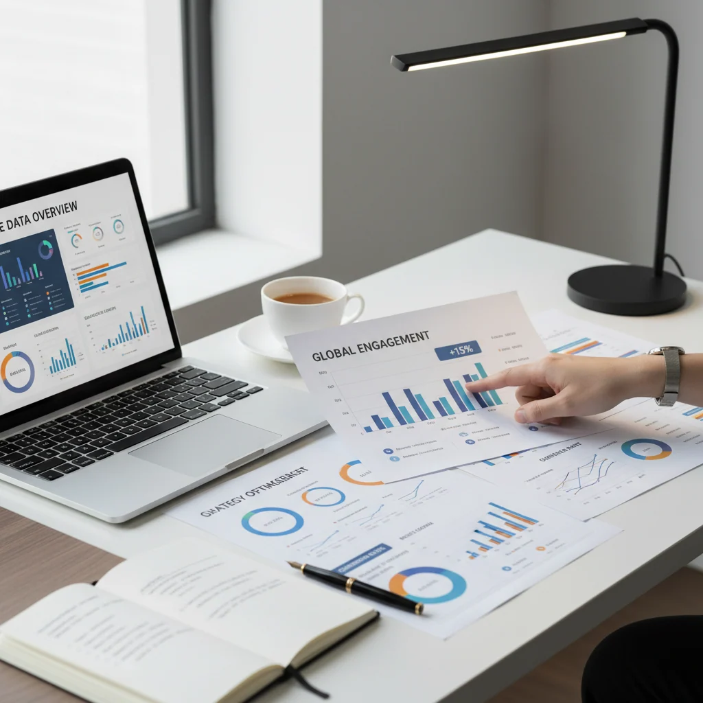 Close-up of analytics reports and laptop dashboard with strategist's hand pointing to performance metrics and charts