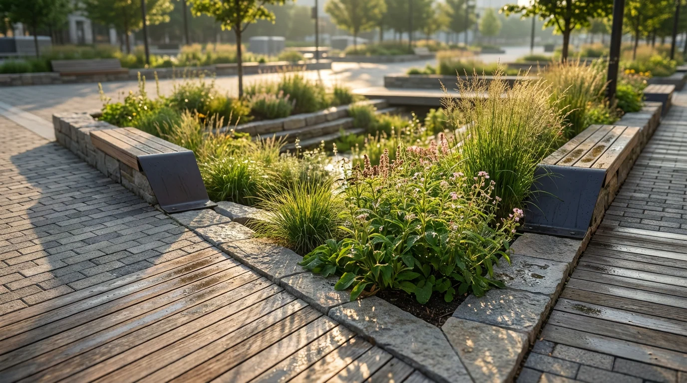 Detail of restored plaza corner with rain garden, native plants, permeable pavers, and integrated seating in morning light.