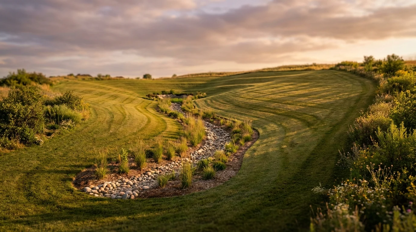 Graded residential landscape with drainage swale directing water flow at golden hour.