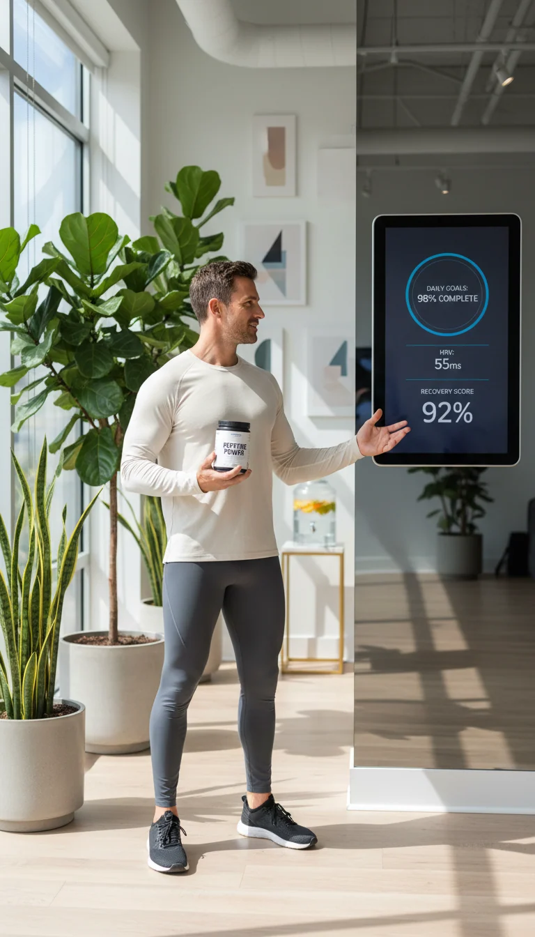 Athletic person in wellness space holding peptide supplement container, surrounded by plants and health tracking devices