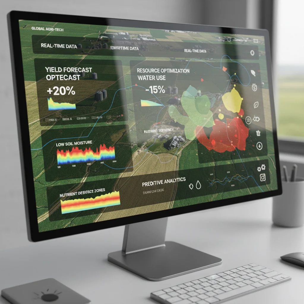 Agricultural data visualization dashboard showing satellite imagery, crop health maps, and AI predictions on computer monitor