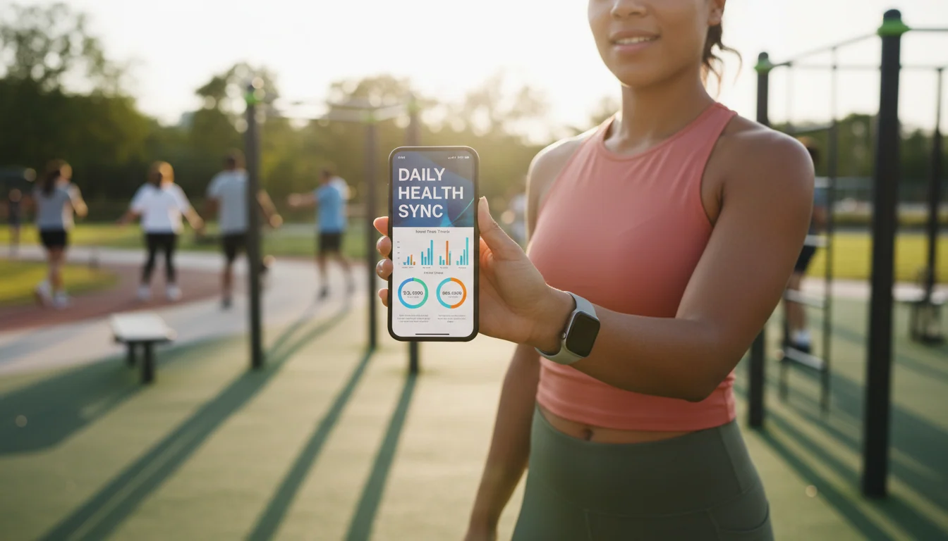 Fitness enthusiast reviewing detailed health analytics and wellness trends on smartphone with matching wearable device during outdoor activity
