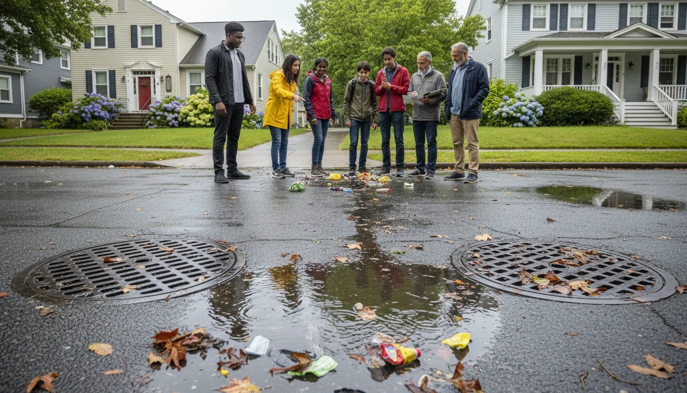 Diverse community members observing storm drain systems in an urban neighborhood street after rainfall, with visible litter and landscape features