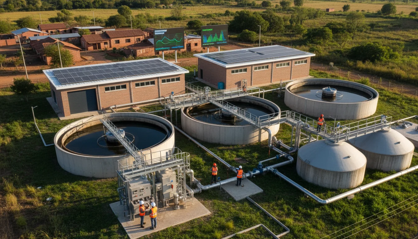 Panoramic view of operational wastewater-to-energy treatment facility with multiple workers and integrated sustainable infrastructure systems