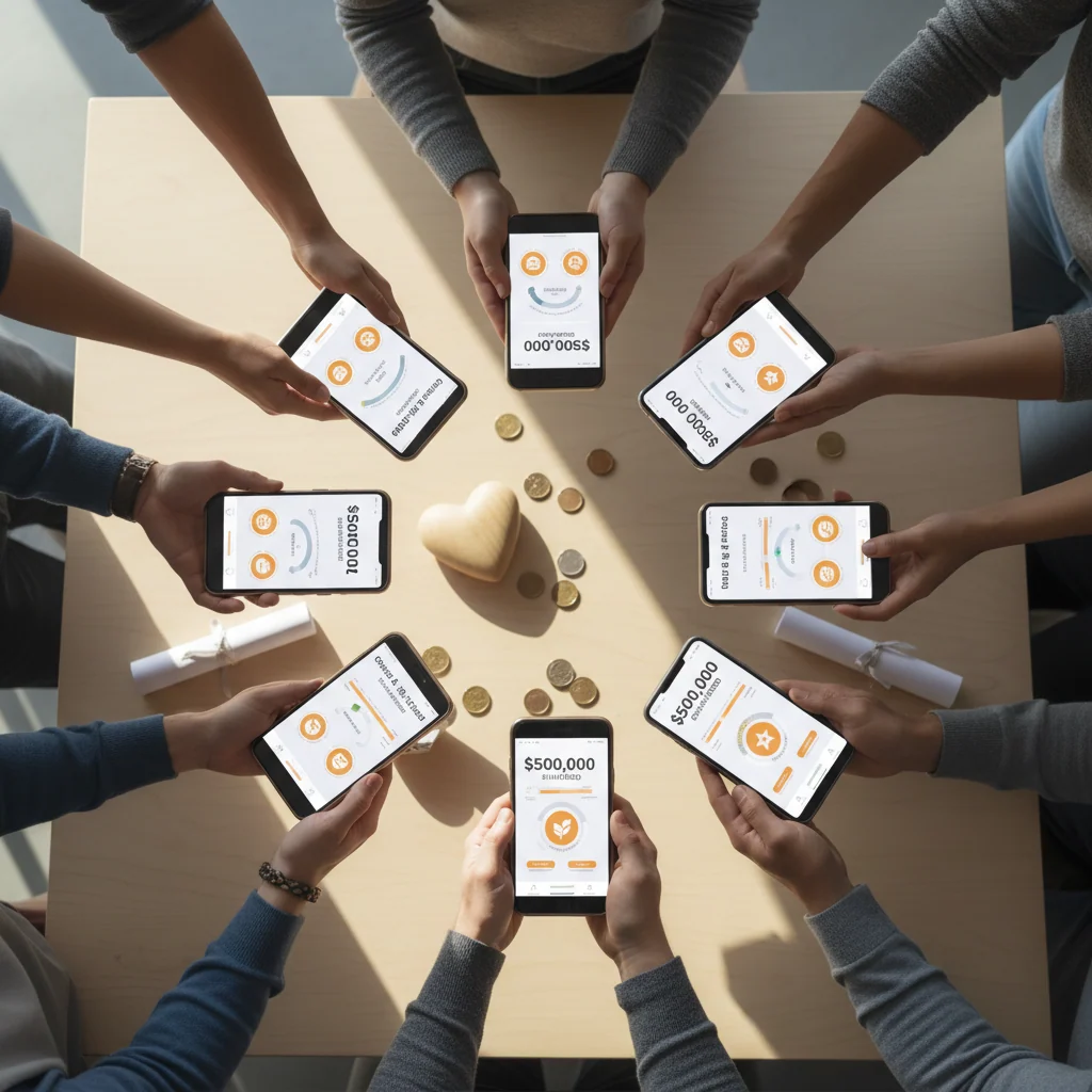 Diverse hands holding smartphones showing charitable giving app with achievement badges and donation progress indicators on wooden table