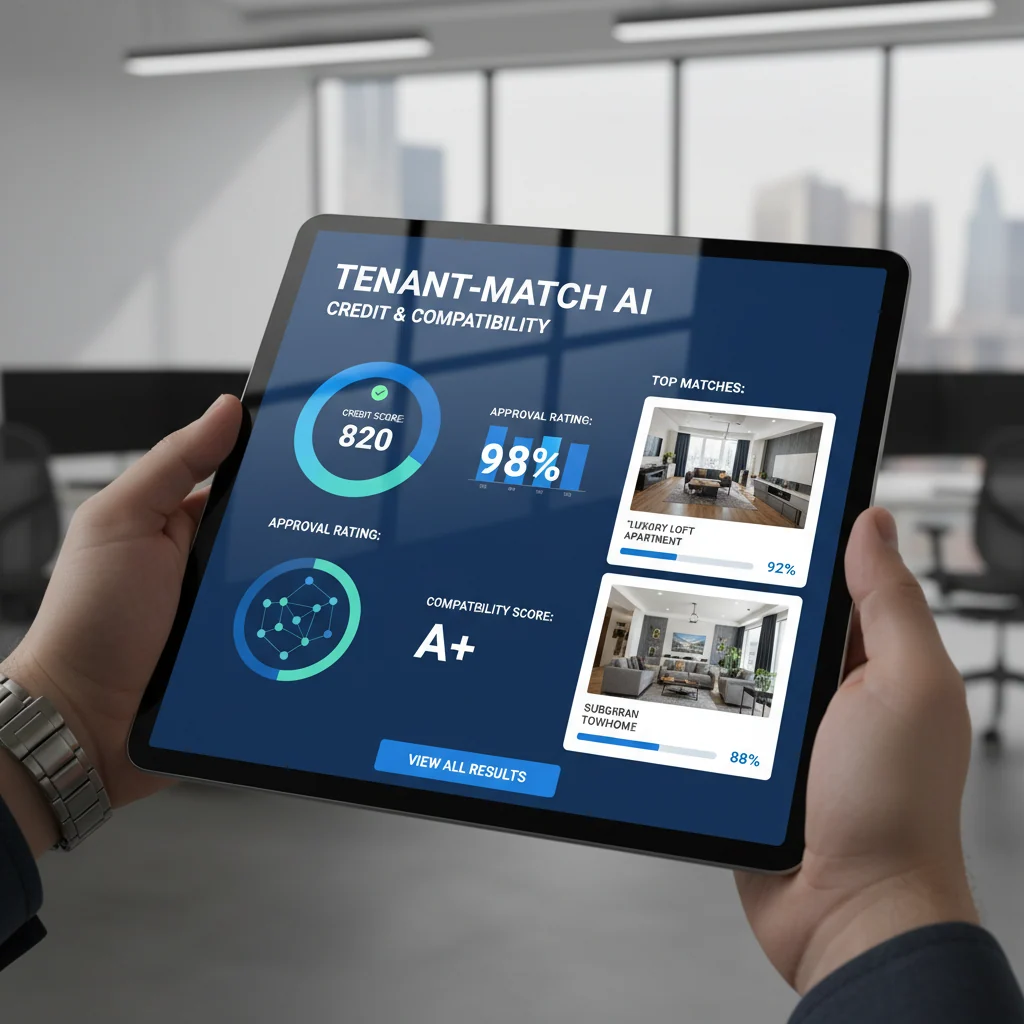 Tablet displaying automated credit analysis and tenant-landlord matching algorithm with data visualizations and compatibility scores