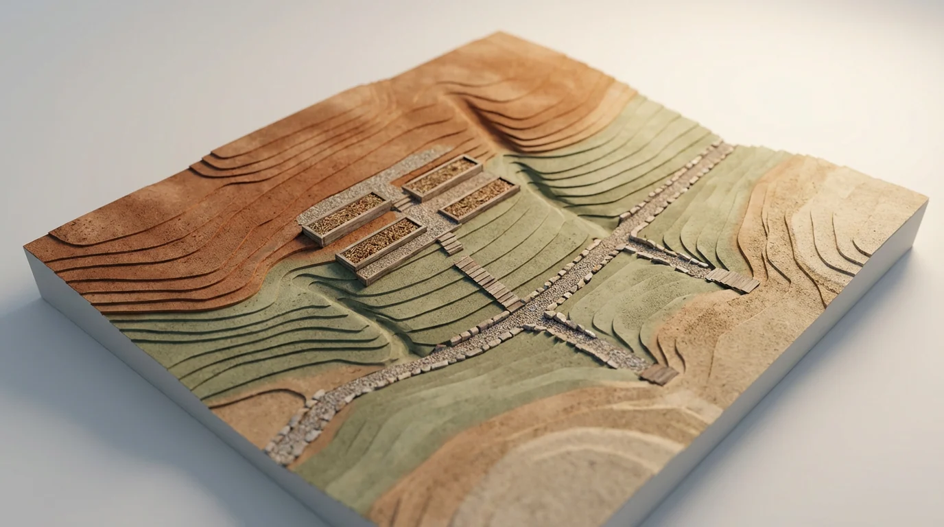 Isometric landscape topography model showing drainage pathways and terrain contours with warm sunlight and shadows