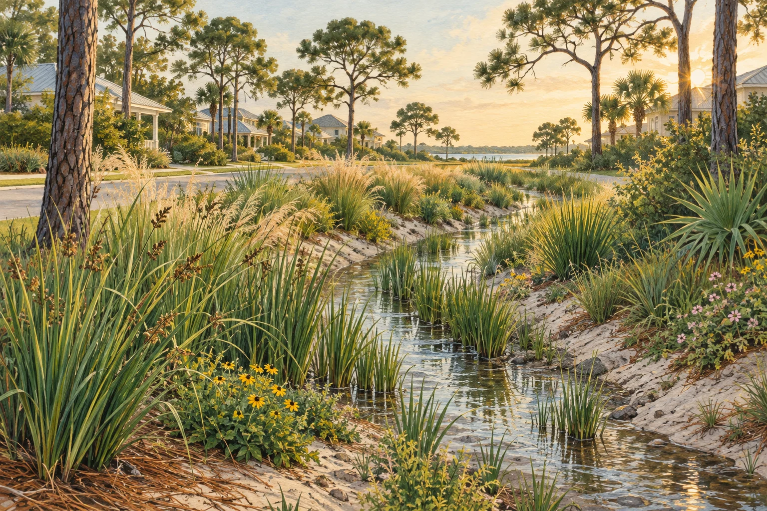 Original illustration of native grasses lining a shallow bioswale in a coastal neighborhood.
