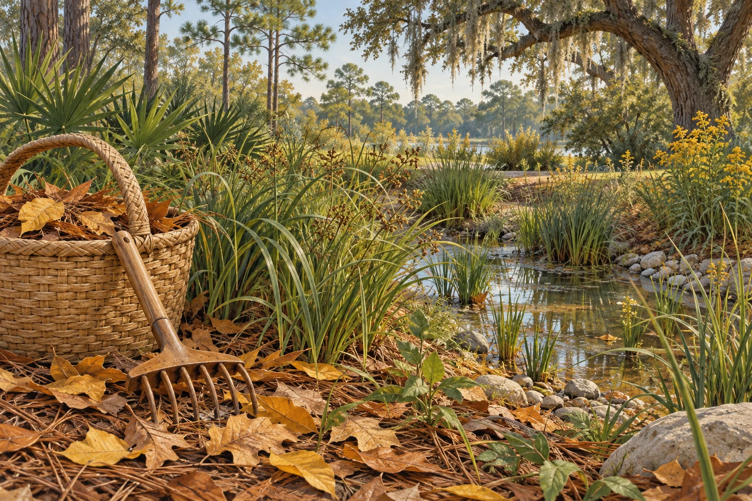 Original illustration of fallen leaves, a hand rake and a garden basket beside a planted bioswale.